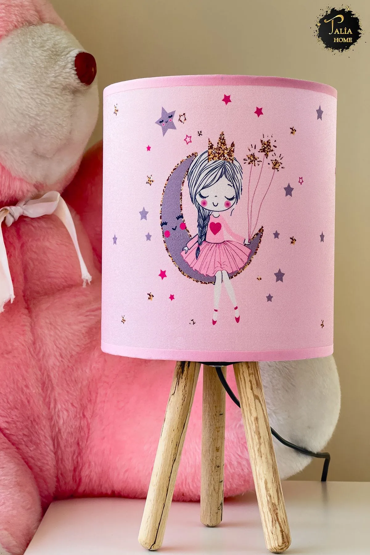 Pembe Ay'Da Oturan Kız Desenli Çocuk Odası Abajur Masa Lambası Tlab-280