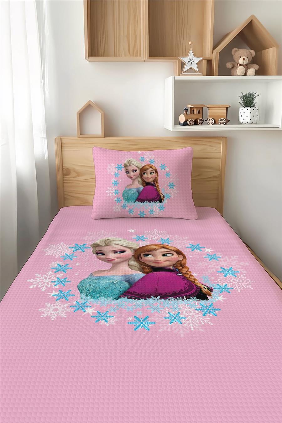 Pembe Elsa&Anna Desenli Tek Kişilik Çocuk Pike Takımı Tlap-153