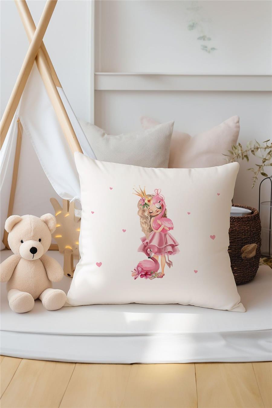 Prenses Ve Flamingo Desenli Çocuk Odası 3'Lü Kırlent Kılıfı Tlakr-230