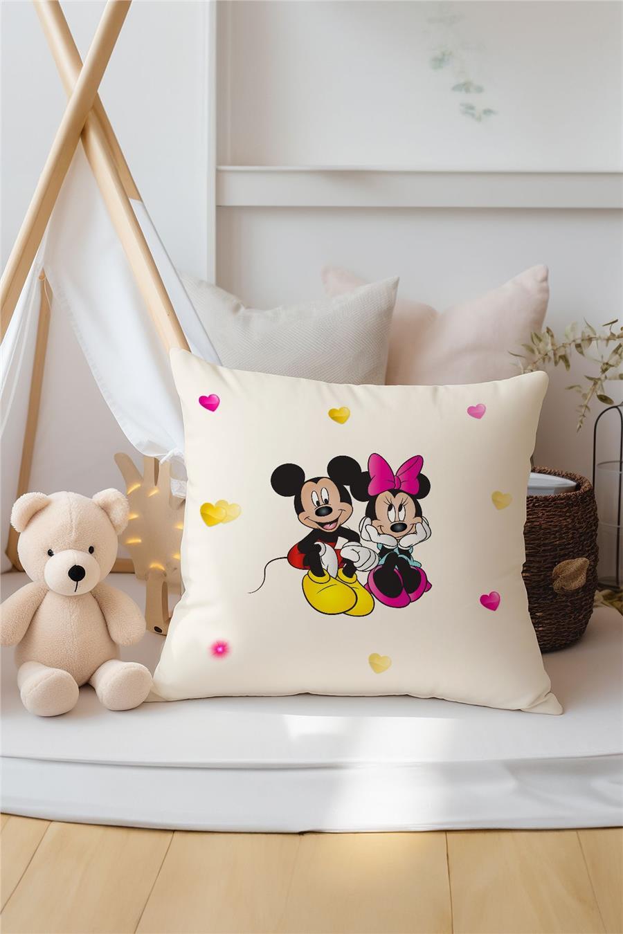 Renkli Micky Mouse Desenli Çocuk Odası 3'Lü Kırlent Kılıfı Tlakr-112