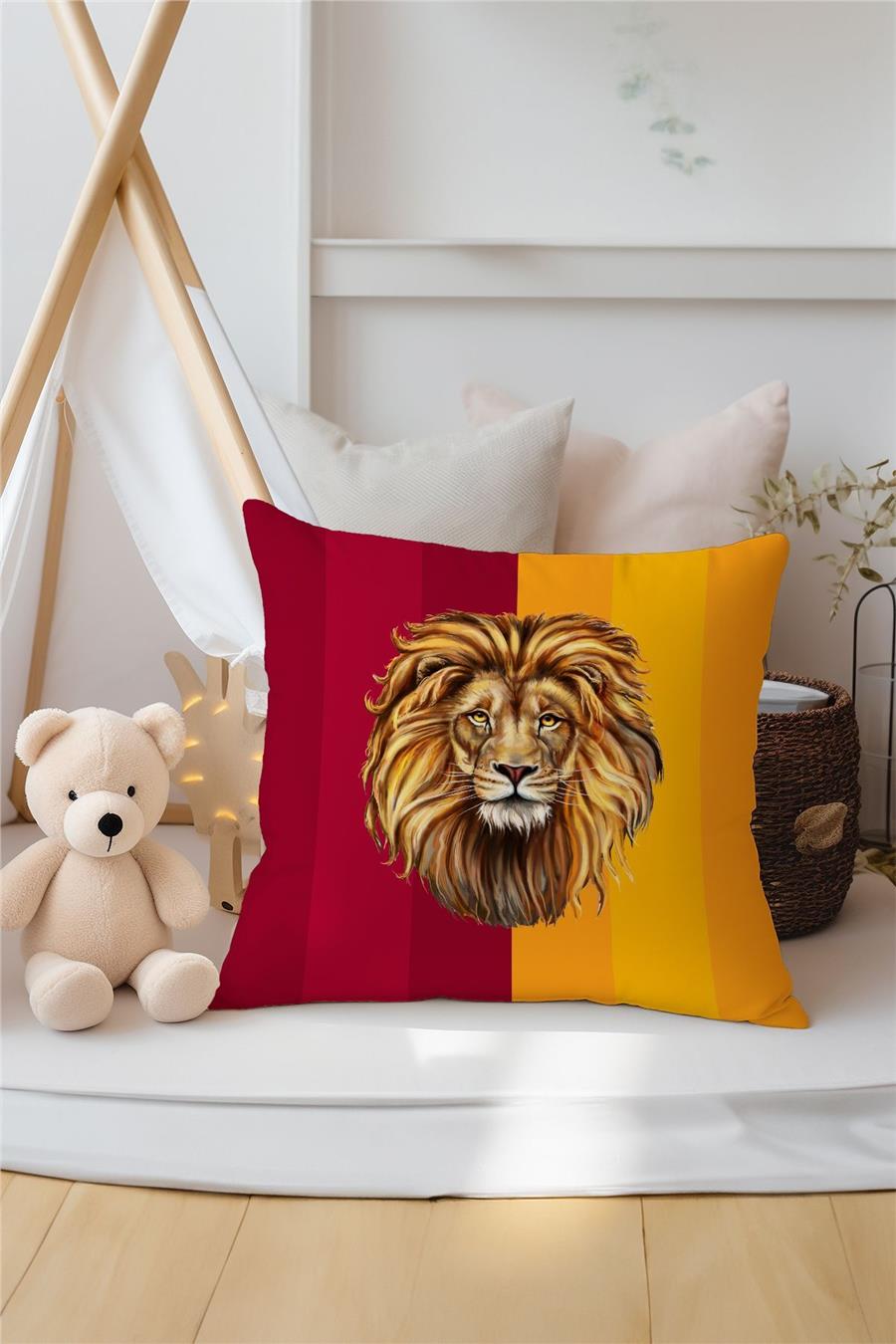 Sarı Kırmızı Aslan Temalı 3'Lü Kırlent Kılıfı Tlakr-318