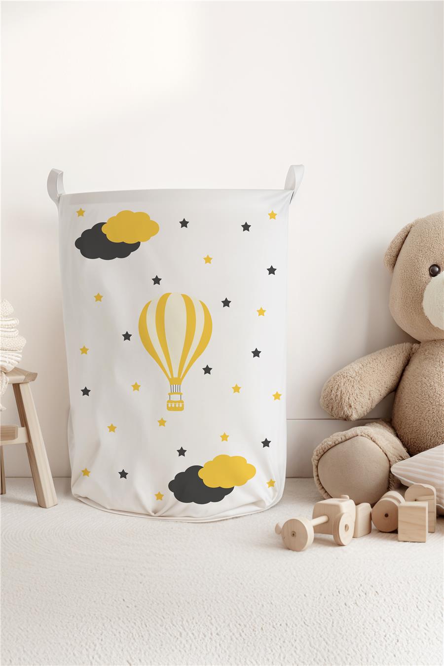 Sarı Uçan Balon Desenli Çocuk ve Bebek Odası Düzenleyici Oyuncak veya Kirli Sepeti