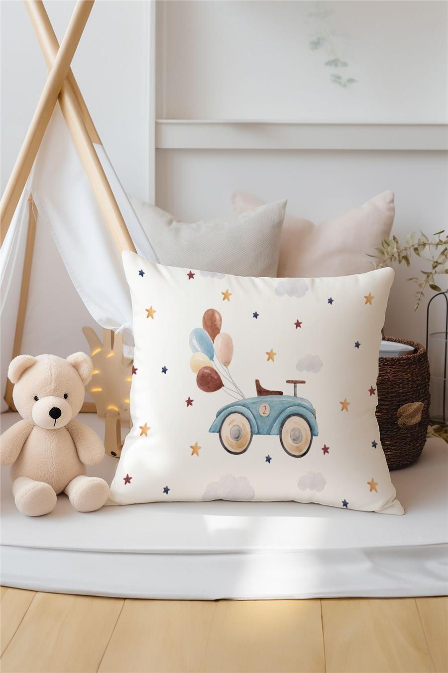 Sevimli Araba Ve Balon Desenli 3'Lü Kırlent Kılıfı Tlakr-304