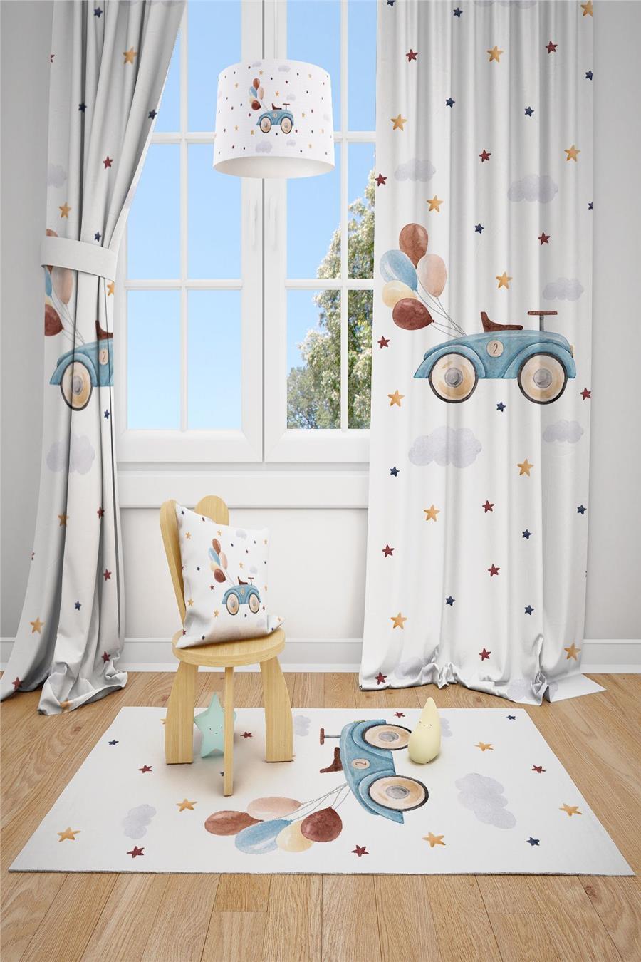 Sevimli Araba Ve Balon Desenli Çocuk Ve Bebek Odası Fon Perde Tla-304