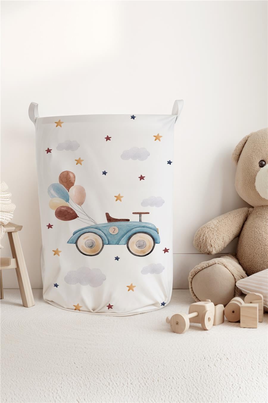 Sevimli Araba ve Balon Desenli Çocuk ve Bebek Odası Düzenleyici Oyuncak veya Kirli Sepeti
