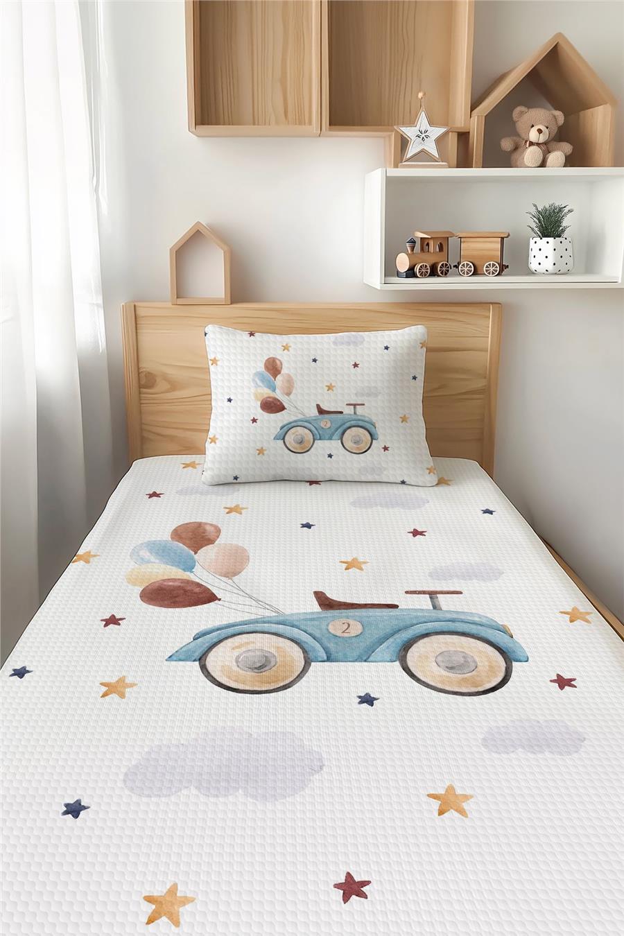 Sevimli Araba Ve Balon Desenli Tek Kişilik Çocuk Pike Takımı Tlap-304