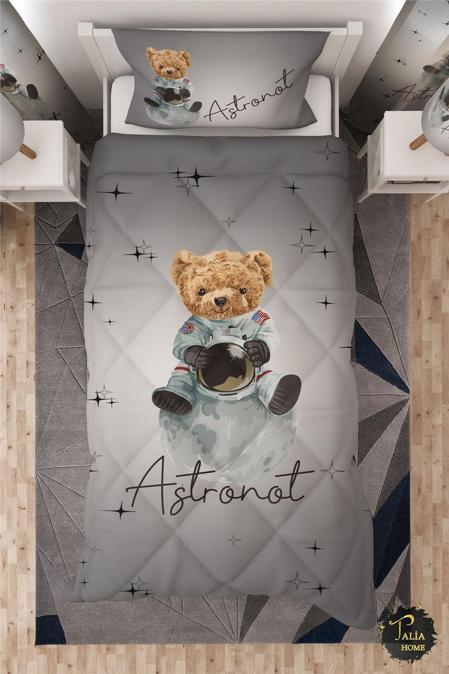 Sevimli Astronot Ayı Desenli Tek Kişilik Çocuk Yorganı Uyku Seti
