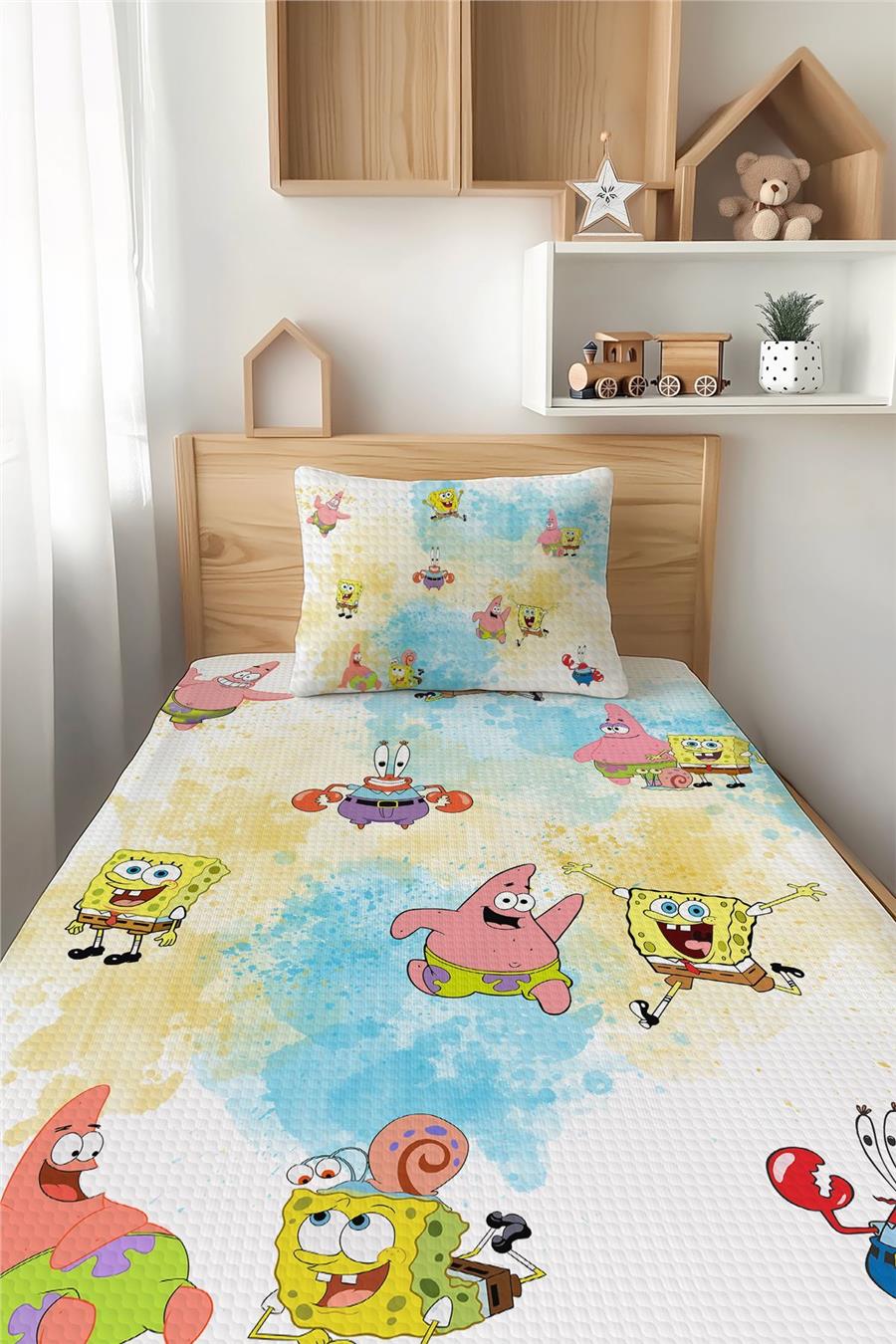 Süngerbob Spongebob Patrick Desenli Tek Kişilik Çocuk Pike Takımı