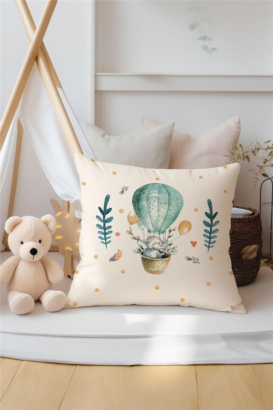 Uçan Balon Fil Desenli 3'Lü Kırlent Kılıfı Tlakr-030