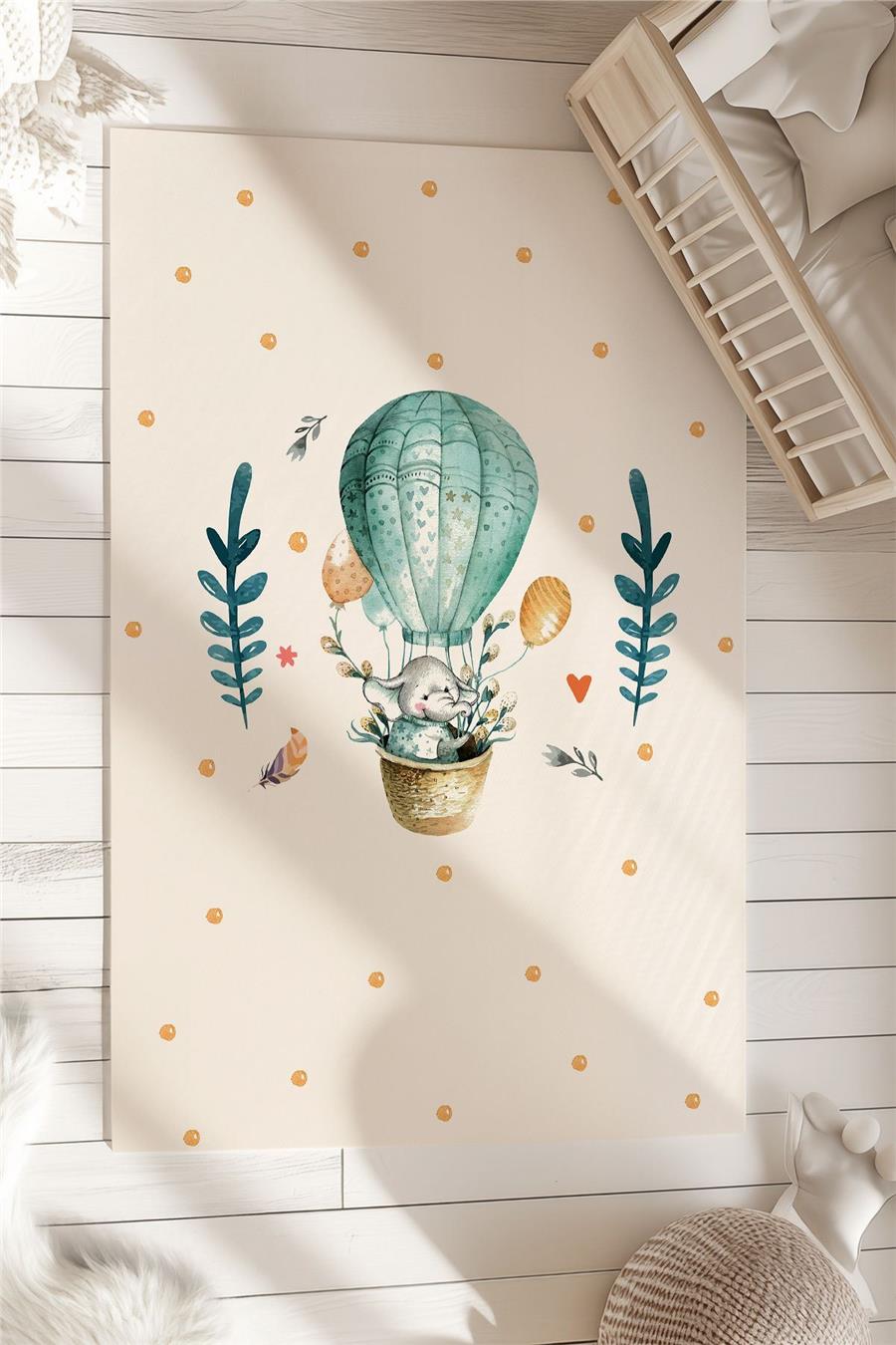 Uçan Balon Fil Desenli Çocuk Ve Bebek Odası Dekoratif Halı Tlh-030