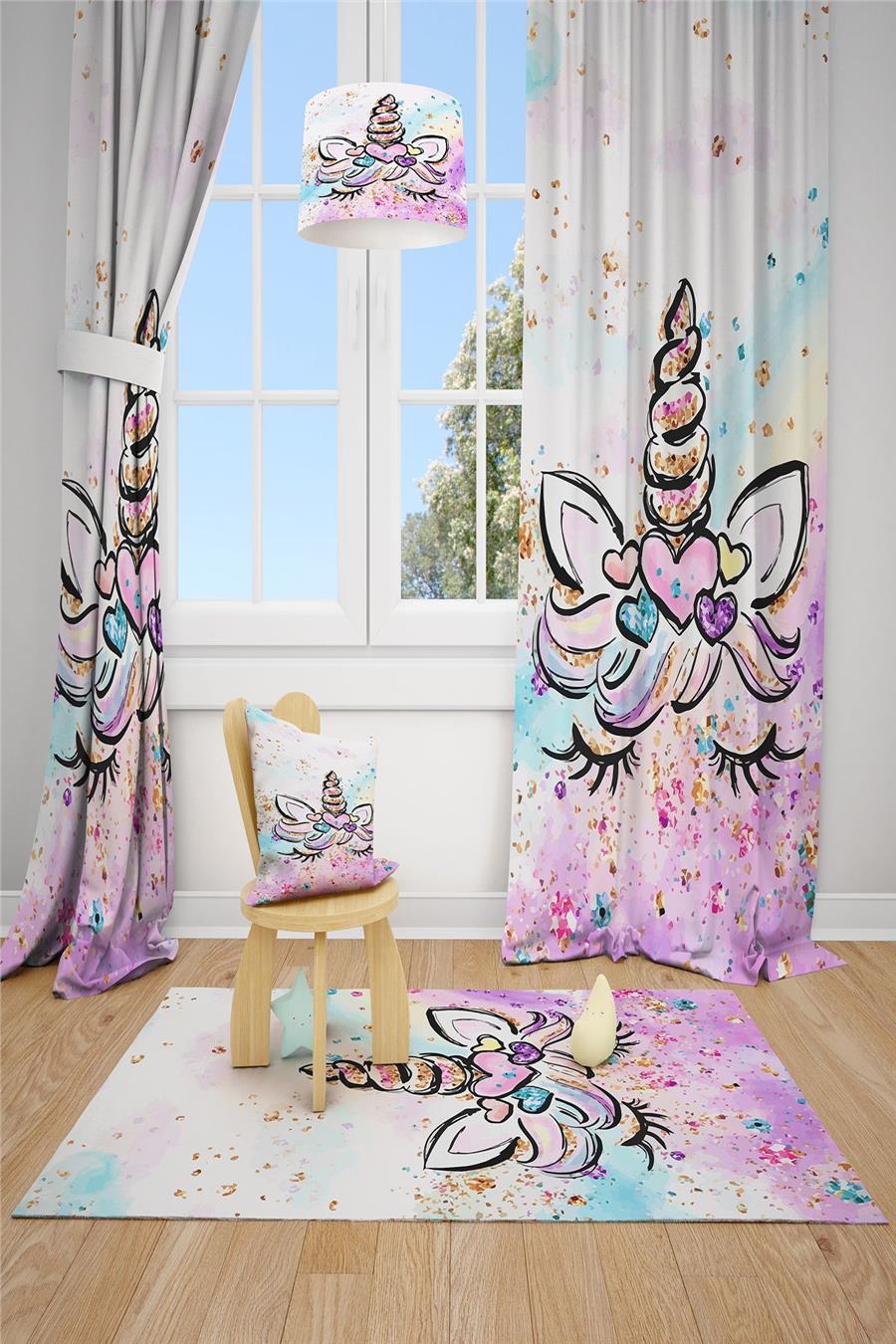 Unicorn Desenli Çocuk Odası Fon Perdesi