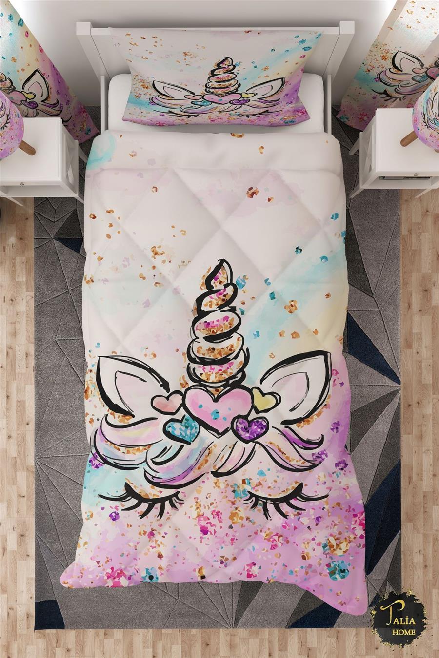 Unicorn Desenli Tek Kişilik Çocuk Yorganı Uyku Seti