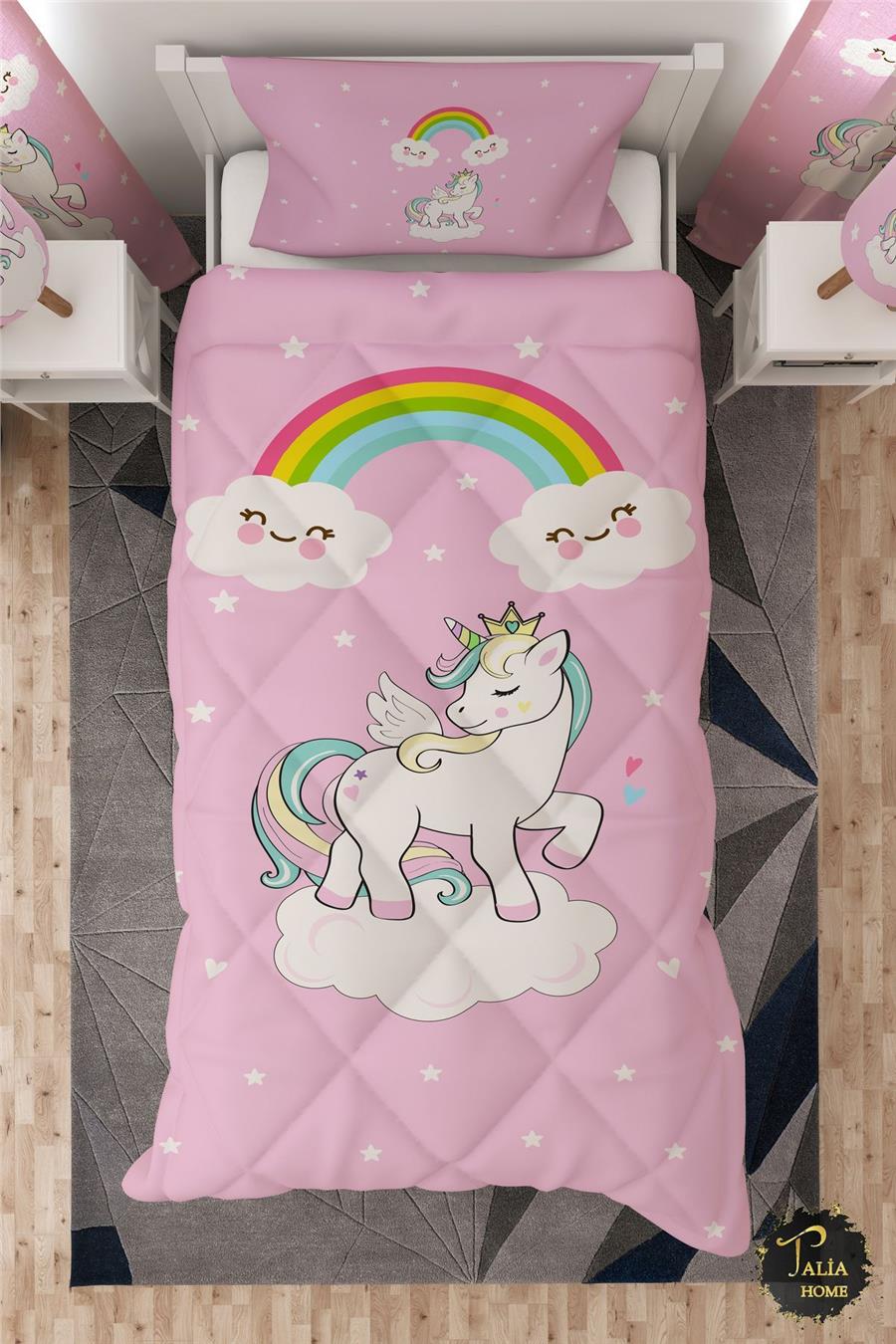 Unicorn Desenli Unicornlu Tek Kişilik Çocuk Yorganı Uyku Seti