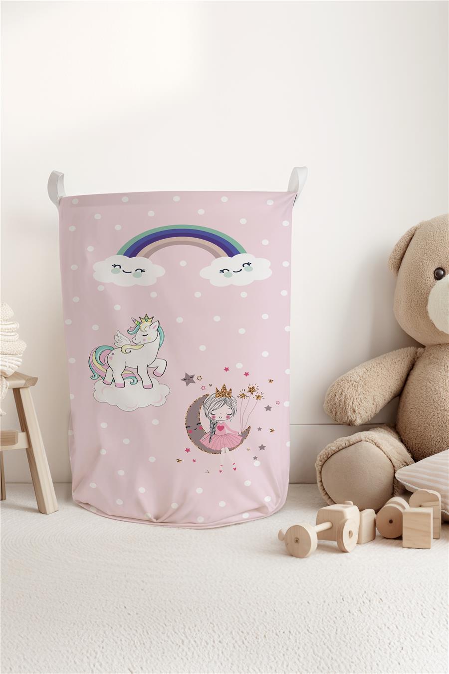 Unicorn Prenses Gökkuşağı Desenli Çocuk ve Bebek Odası Düzenleyici Oyuncak veya Kirli Sepeti