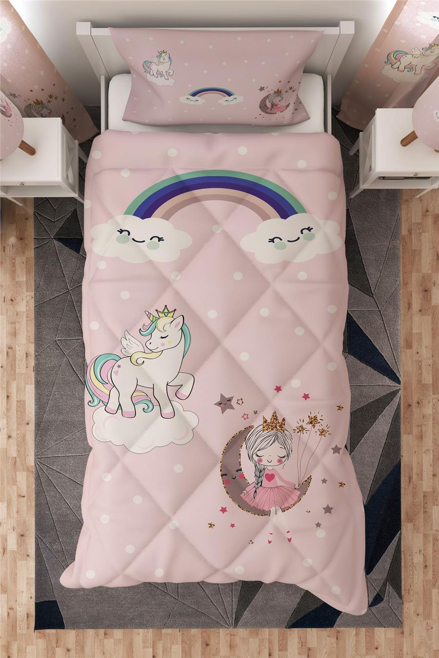 Unicorn'Lu Prenses'Li Desen Tek Kişilik Çocuk Yorganı Uyku Seti