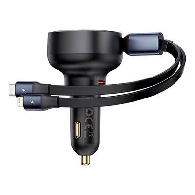 Baseus Enjoyment Pro 60W USB-C PD Çift Çıkışlı Geri Çekilebilir USB-C ve Lightning Kablolu Araç Şarj Cihazı - Siyah