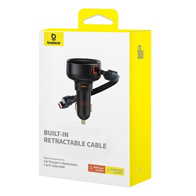 Baseus Enjoyment Pro 60W USB-C PD Çift Çıkışlı Geri Çekilebilir USB-C ve Lightning Kablolu Araç Şarj Cihazı - Siyah