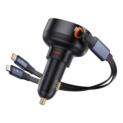 Baseus Enjoyment Pro 60W USB-C PD Çift Çıkışlı Geri Çekilebilir USB-C ve Lightning Kablolu Araç Şarj Cihazı - Siyah