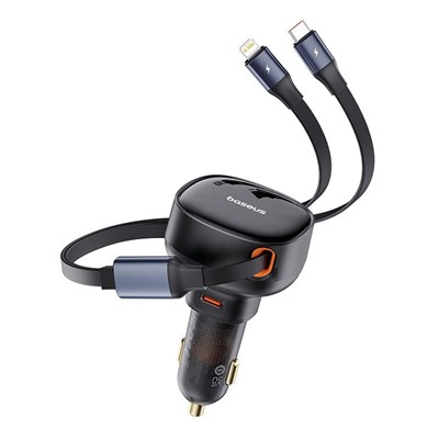 Baseus Enjoyment Pro 60W USB-C PD Çift Çıkışlı Geri Çekilebilir USB-C ve Lightning Kablolu Araç Şarj Cihazı - Siyah