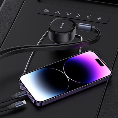 Baseus Enjoyment Pro 60W USB-C PD Çift Çıkışlı Geri Çekilebilir USB-C ve Lightning Kablolu Araç Şarj Cihazı - Siyah