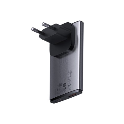 Baseus GaN5 Pro 65W USB-C PD ve USB-A Çıkışlı Ultra İnce Hızlı Şarj Seyahat Adaptörü - Siyah (Türkiye Uyumlu Priz Başlığı)