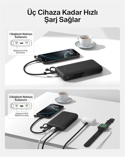 Belkin BPB028HQBK BoostCharge 20.000mAh 20W PD Dijital Ekranlı 3 Port Powerbank - Siyah