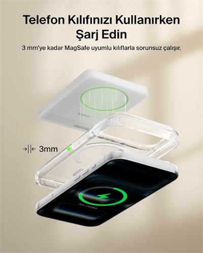 Belkin BPD011HQWH BoostCharge Slim 5.000mAh Qi2 15W Manyetik Kablosuz Powerbank - Beyaz