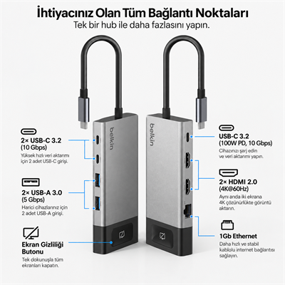 Belkin INC027HQSGY Connect 8 Port Dual Display USB-C Hub 100W PD 4K 60Hz - Gri
