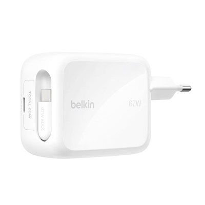 Belkin WCH022KQWH UltraCharge 67W GaN Geri Çekilebilir 1M USB-C Kablolu Hızlı Şarj Adaptörü - Beyaz