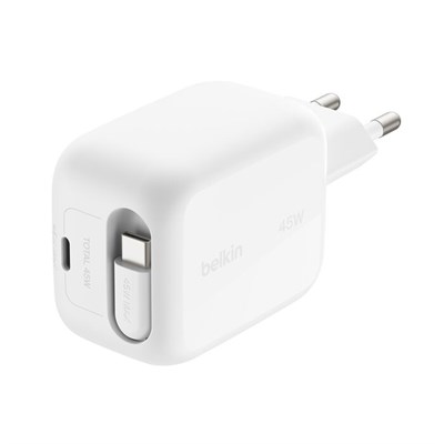 Belkin WCH023KQWH UltraCharge 45W GaN Geri Çekilebilir 80cm USB-C Kablolu Hızlı Şarj Adaptörü - Beyaz