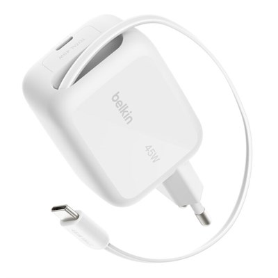 Belkin WCH023KQWH UltraCharge 45W GaN Geri Çekilebilir 80cm USB-C Kablolu Hızlı Şarj Adaptörü - Beyaz