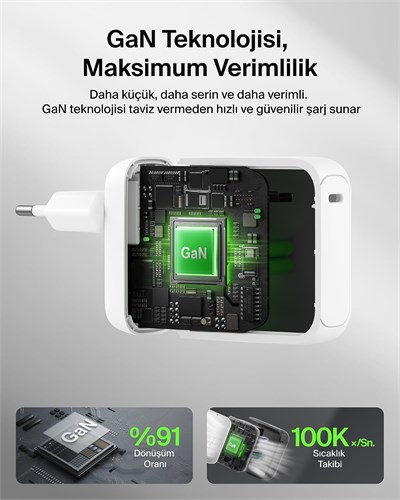 Belkin WCH025KQWH BoostCharge 100W USB-C GaN Hızlı Şarj Adaptörü - Beyaz