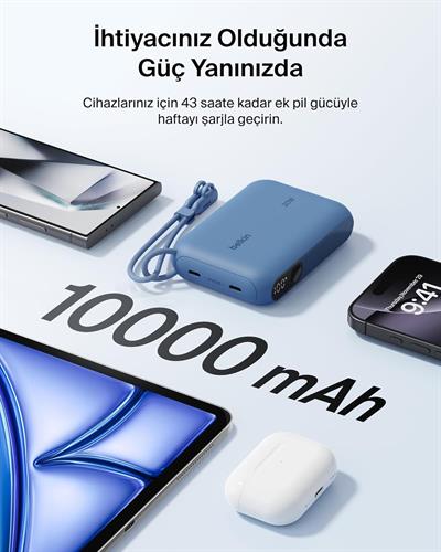 Belkin BPB027HQBL BoostCharge 10.000 mAh 20W USB-C Powerbank Dijital Göstergeli Taşınabilir Şarj Cihazı - Mavi