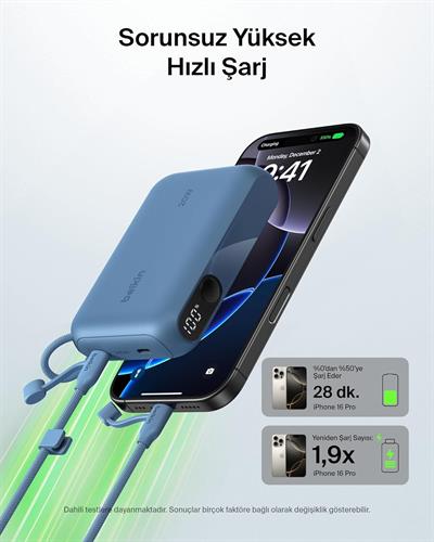 Belkin BPB027HQBL BoostCharge 10.000 mAh 20W USB-C Powerbank Dijital Göstergeli Taşınabilir Şarj Cihazı - Mavi