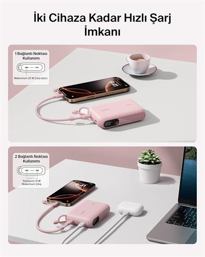 Belkin BPB027HQPK BoostCharge 10.000 mAh 20W USB-C Powerbank Dijital Göstergeli Taşınabilir Şarj Cihazı - Pembe