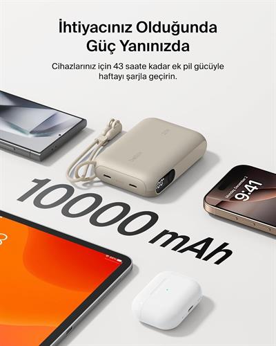 Belkin BPB027HQSD BoostCharge 10.000 mAh 20W USB-C Powerbank Dijital Göstergeli Taşınabilir Şarj Cihazı - Kum Rengi