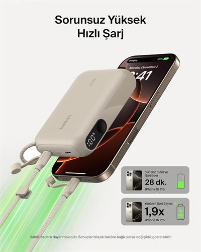 Belkin BPB027HQSD BoostCharge 10.000 mAh 20W USB-C Powerbank Dijital Göstergeli Taşınabilir Şarj Cihazı - Kum Rengi