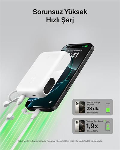 Belkin BPB027HQWH BoostCharge 10.000 mAh 20W USB-C Powerbank Dijital Göstergeli Taşınabilir Şarj Cihazı - Beyaz