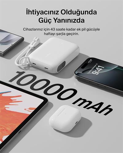 Belkin BPB027HQWH BoostCharge 10.000 mAh 20W USB-C Powerbank Dijital Göstergeli Taşınabilir Şarj Cihazı - Beyaz