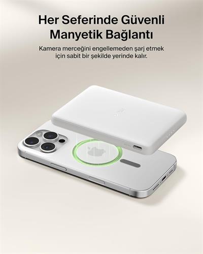Belkin BPD010HQWH BoostCharge 5.000 mAh MagSafe Uyumlu 15W Kablosuz Slim Powerbank - Beyaz