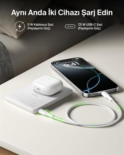 Belkin BPD010HQWH BoostCharge 5.000 mAh MagSafe Uyumlu 15W Kablosuz Slim Powerbank - Beyaz