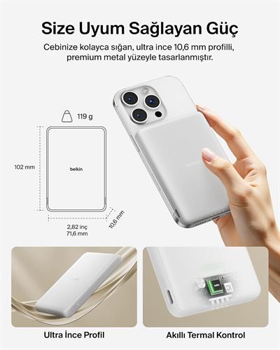 Belkin BPD010HQWH BoostCharge 5.000 mAh MagSafe Uyumlu 15W Kablosuz Slim Powerbank - Beyaz