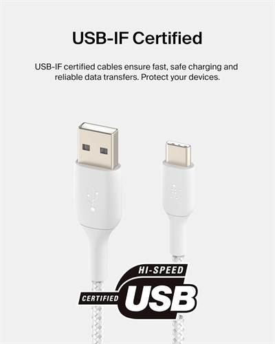 Belkin CAB002BT2MWH BoostCharge USB-C - USB-A Örgülü Şarj ve Data Kablosu 15W 2M - Beyaz