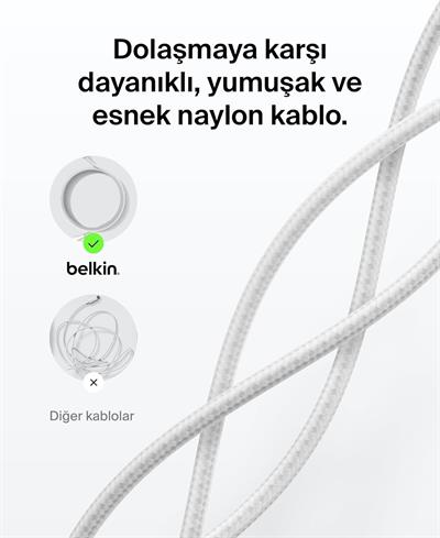 Belkin CAB025HQ1MWH BoostCharge Pro 240W USB-C to USB-C Örgülü 1M Hızlı Şarj Kablosu - Beyaz