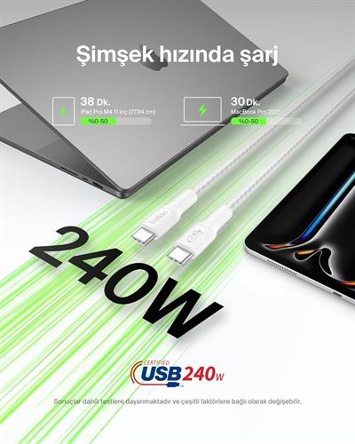 Belkin CAB025HQ1MWH BoostCharge Pro 240W USB-C to USB-C Örgülü 1M Hızlı Şarj Kablosu - Beyaz