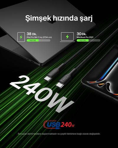 Belkin CAB025HQ2MBK BoostCharge Pro 240W USB-C to USB-C Örgülü 2M Hızlı Şarj Kablosu- Siyah