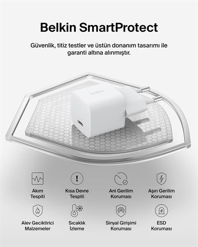 Belkin WCA012KQ1MWH-B6 BoostCharge 25W USB-C Hızlı Şarj Adaptörü + USB-C to USB-C Kablo 1M - Beyaz