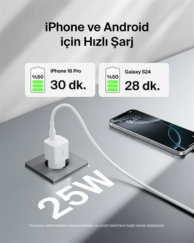Belkin WCA012KQ1MWH-B6 BoostCharge 25W USB-C Hızlı Şarj Adaptörü + USB-C to USB-C Kablo 1M - Beyaz