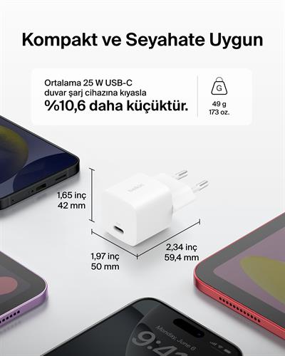 Belkin WCA012KQWH BoostCharge 25W USB-C Hızlı Şarj Adaptörü – Beyaz