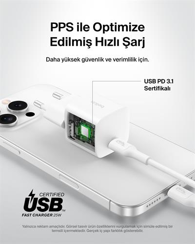Belkin WCA012KQWH BoostCharge 25W USB-C Hızlı Şarj Adaptörü – Beyaz